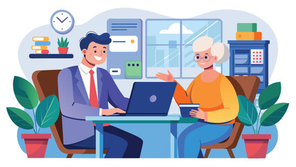 Consultation with a senior woman and tax finance professional, vector cartoon illustration