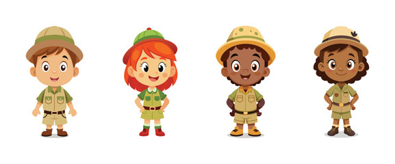 Young adventurers in safari outfits, vector cartoon illustration.