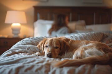 Cute dog laying on a bed with a woman in the background