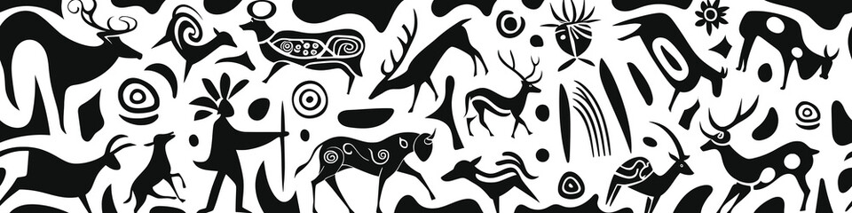 	
Seamless petroglyph border, rock paintings, isolated on white background, vector design	