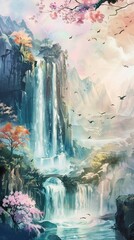 A fantasy landscape with a beautiful waterfall, painted in dreamy pastel watercolors, ethereal and soothing