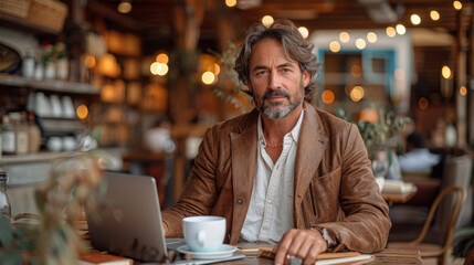 Fototapeta premium Mature Man Using Laptop in a Café