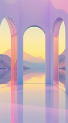 The hills under violetyellow gradient skies, framed by glass arches and mirrored on a calm water surface