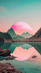 Fototapeta premium The landscape and its round mirror reflection under a sky fading through colorful gradients