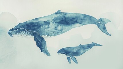 Watercolor scene of a mother whale guiding her baby, gentle tones, calm ocean surface, front view