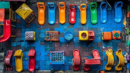 Aerial top-down view of colorful childrens playground layout and play area structure