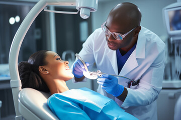 Routine Dental Check-ups and Cleanings: A dentist examining a patient's teeth with a bright light, while a dental hygienist cleans the teeth with professional tools.
