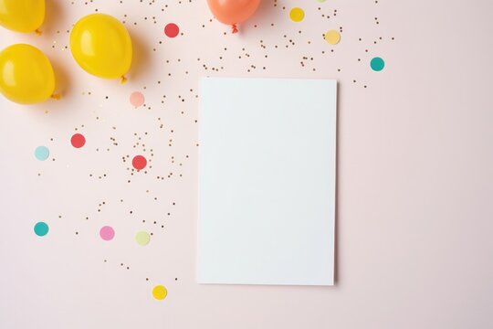 Birthday party template with empty paper card and colorful balloons top view
