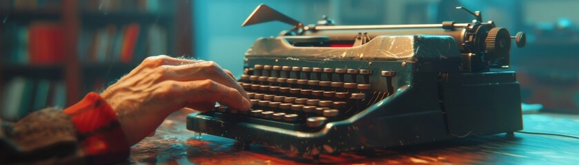 A hand typing on a vintage typewriter with a library in the background.