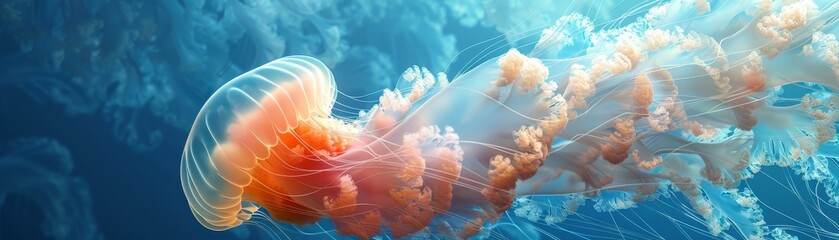 The photo shows a beautiful jellyfish with long, flowing tentacles. The jellyfish is pink and white, and it is swimming gracefully through the water.