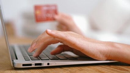 Woman shopping or pay online on internet marketplace browsing for sale items for modern lifestyle...