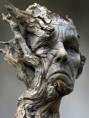 Gnarled Wooden Face with Primal Emotional Expression