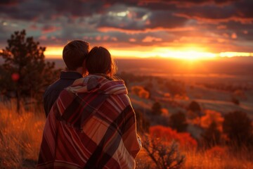 Couple Embracing Under Autumn Sunset Sky - Powered by Adobe