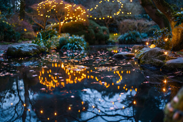 Glowing lights softly mirror on a pond in a hidden garden.