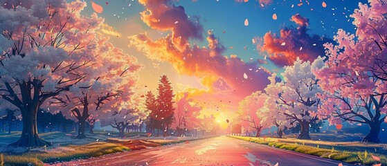 A vibrant sunset view of a tree-lined road in spring