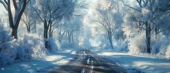 A wintery scene of a tree-lined road after a fresh