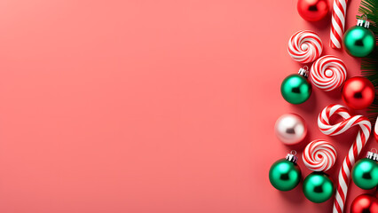 A pink background with a green and red candy cane