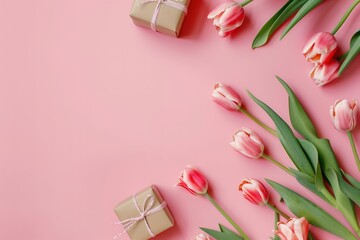 pink tulips and gift box
Vibrant Spring Tulips and Gift Boxes on Pink Background, Happy Mother's Day Concept