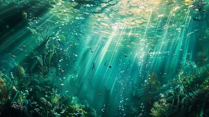 An underwater seascape where the waters transition