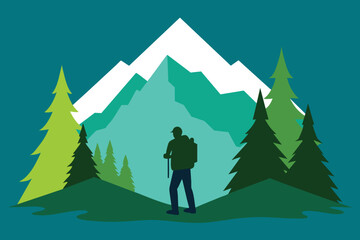 Mountain and forest vector illustration with silhouette of tourist vector