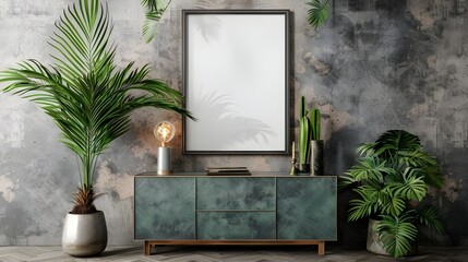 Mock up poster frame on cabinet in interior.3d rendering, mock up poster frame in industrial interior background, coffee shop, industrial style, 3D render