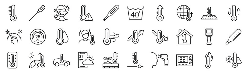 Set of 30 outline icons related to temperature, thermometer. Linear icon collection. Editable stroke. Vector illustration
