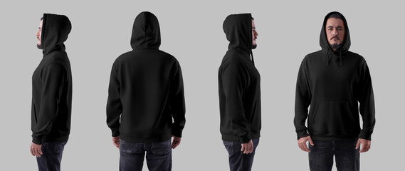 Mockup of black oversized hoodie on brutal man in hood, isolated on background, front, side, back view. Set