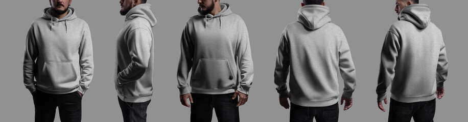 Template heahter oversized hoodie on a bearded man, streetwear with laces, hood, pocket, label for design, branding, set