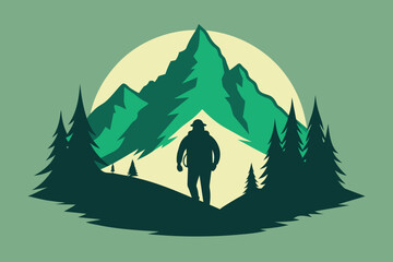Mountain and forest vector illustration with silhouette of tourist vector