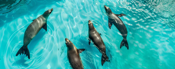 Obraz premium Pod of Seals Swimming Gracefully Under Turquoise Waters