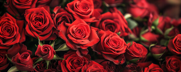 A bunch of deep red colored roses, top view, wide scale image.