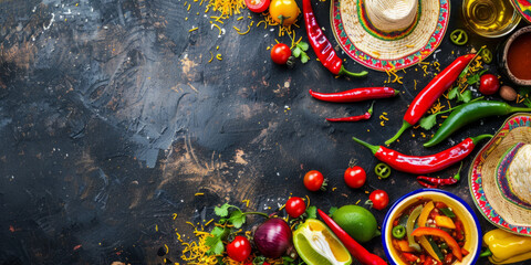 Cinco de mayo holiday background with Mexican party sombrero hats and traditional vegetables and food