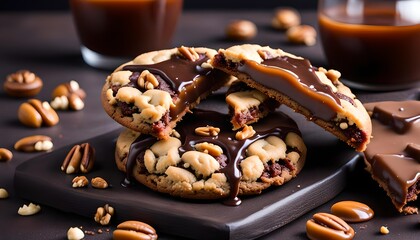 Chocolate caramel cookie with nuts and toffee syrup professional photo - obrazy, fototapety, plakaty