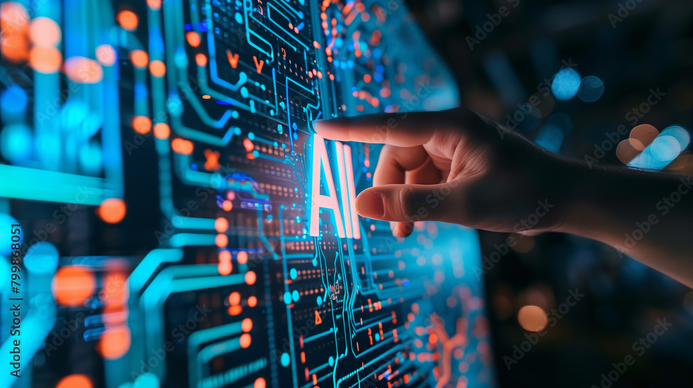 Poster a hand is pointing to the word ai on a computer screen