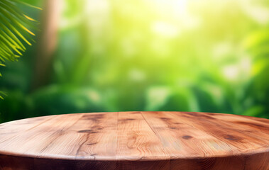 Empty wooden round table for product placement or montage with blurred forest background. High...