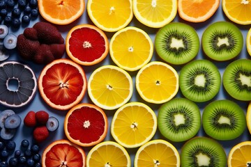 A variety of fruits arranged in a colorful pattern.