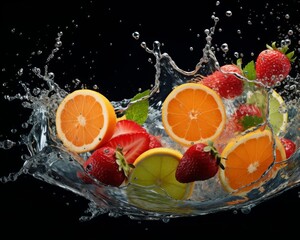 A photo of a bowl of fruit with water splashing around it. The fruit includes oranges, strawberries, and lemons.