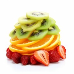 A stack of orange slices, kiwi slices, and strawberries