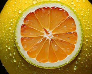 A cross-section of a lemon with water droplets on the surface.