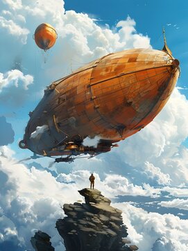 Proud Inventor Standing Beside a Retro Futuristic Airship Made of Reclaimed Timber and Weather Balloons Floating in the Clouds
