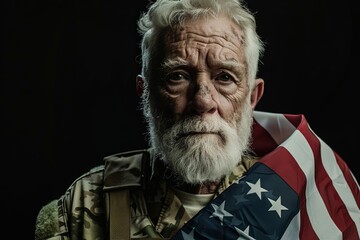 Elderly veteran in military attire embracing American flag against chest on black background. Tribute to service - Powered by Adobe