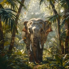 Majestic Thai Elephant in Lush Tropical Forest Landscape Warm Rendering