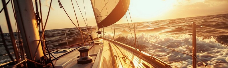 Fototapeta premium Sailboat sailing in rough ocean with sun setting in background. Banner