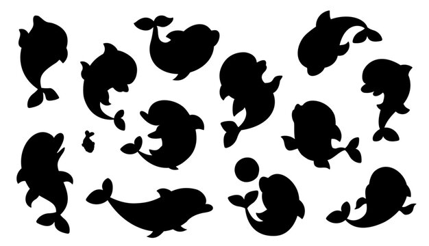 Dolphins silhouettes. Isolated black dolphin silhouette, playing and jumping fish. Underwater animals, stickers templates nowaday vector set