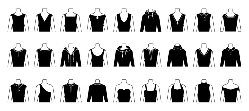 Neckline types. Different necklines of dresses, t-shirts, shirts and sweatshirt. Women dummy various neck line type. Female decolletage decent vector set