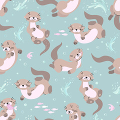 Otters seamless pattern. Cartoon otter characters and underwater elements. Sea or river wild animals. Fabric, wrapping nowaday vector design