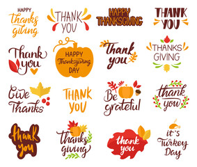Obraz premium Thanksgiving day lettering. Thanks giving, thank you handwritten phrases. Gratitude phrase, pumpkins and leaves silhouettes, neoteric vector set