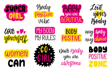 Obraz premium Body positive phrases. Female signs and lettering stickers. Motivational girl handwriting elements for cards, prints, posters, neoteric vector collection