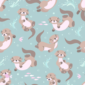 Otters seamless pattern. Cartoon otter characters and underwater elements. Sea or river wild animals. Fabric, wrapping nowaday vector design