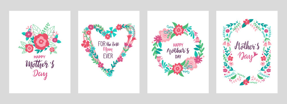 Mothers day cards design. Love mom, best mother creative handwritten phrases and doodle flowers frames and wreath, neoteric vector posters